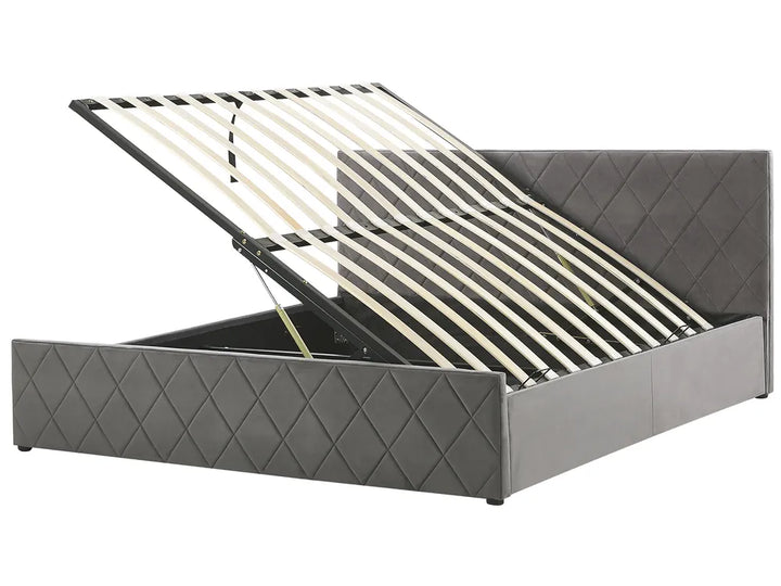 Gray bed frame with striped headboard on a white background