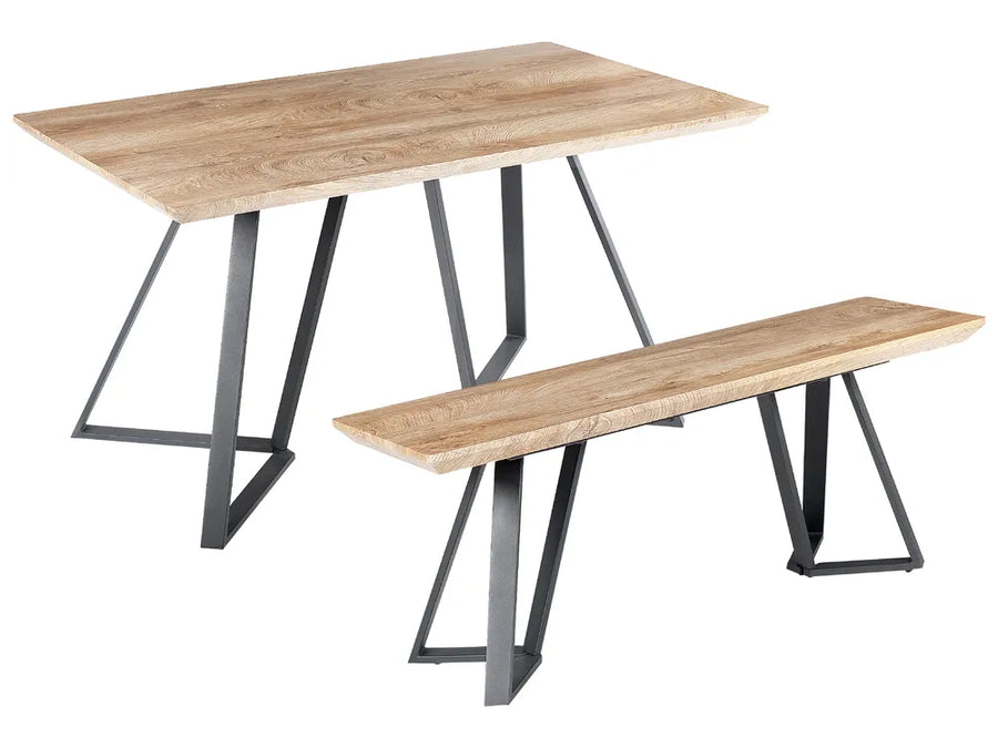 Wooden table and bench set with metal legs on a white background