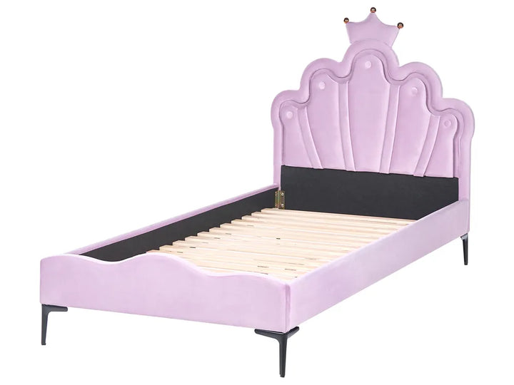 Lavender children's bed with a crown design on a white background