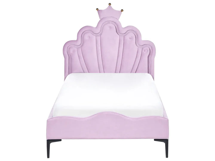 Lavender children's bed with a crown design on a white background