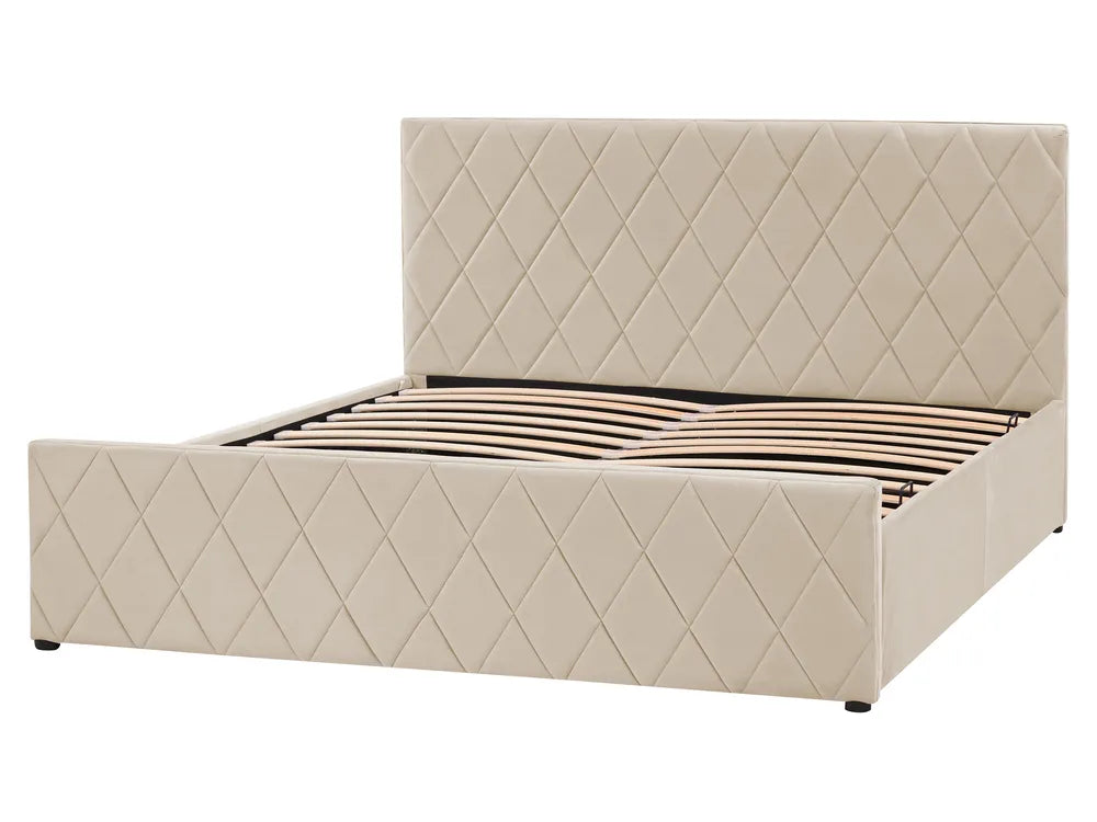 Beige quilted bed with diamond pattern on a white background