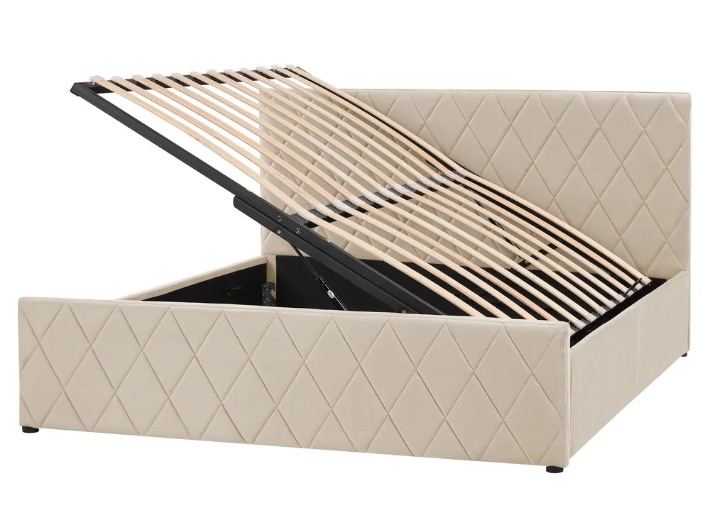 Beige upholstered bed frame with storage drawers on a white background