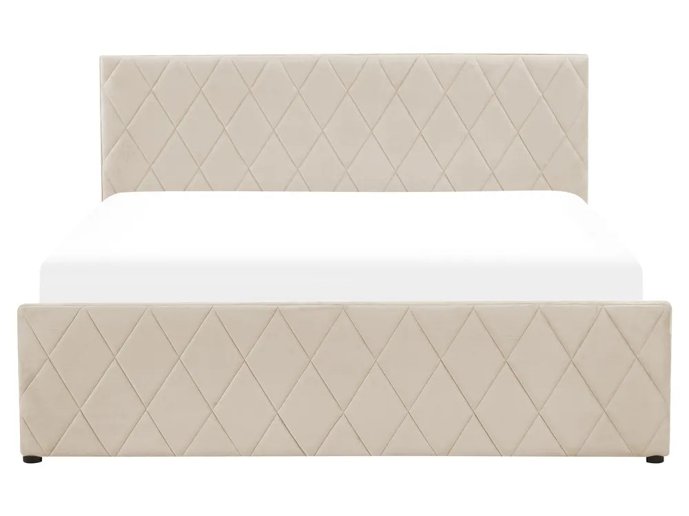 Beige quilted headboard and bed frame on a white background