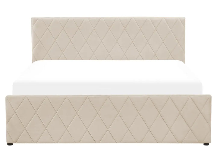 Beige quilted headboard and bed frame on a white background