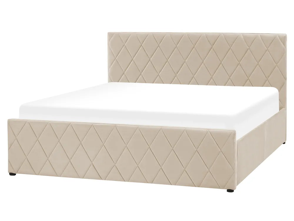 Beige quilted bed with white mattress on a white background