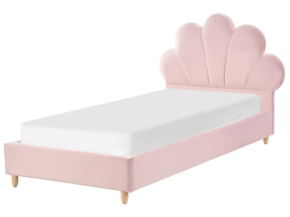 Pink shell-shaped headboard bed on a white background