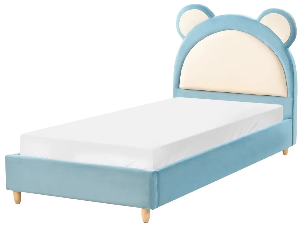 Children's bed with bear ears headboard on a white background