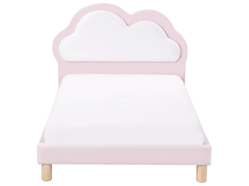 Children's bed with cloud-shaped headboard on a white background