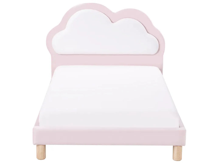 Children's bed with cloud-shaped headboard on a white background