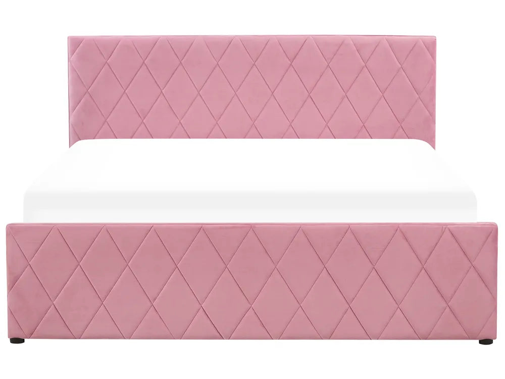 Pink quilted headboard and footboard on a white background