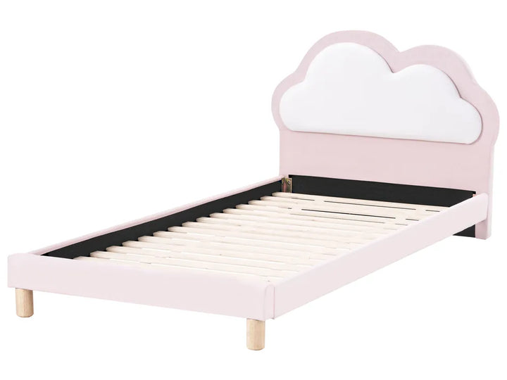 Pink children's bed with cloud-shaped headboard on a white background