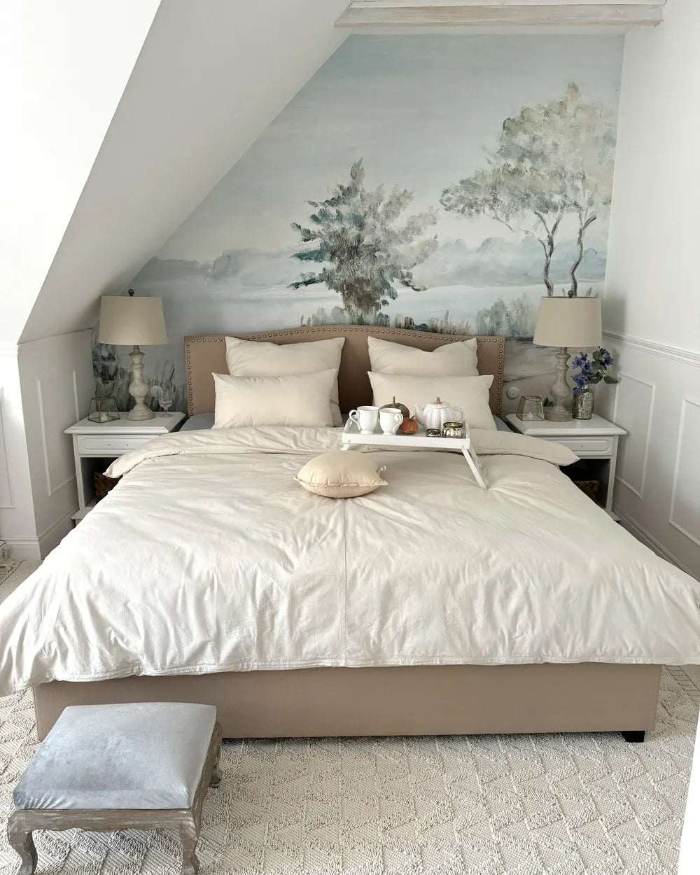 Modern beige storage bed with nailhead trim