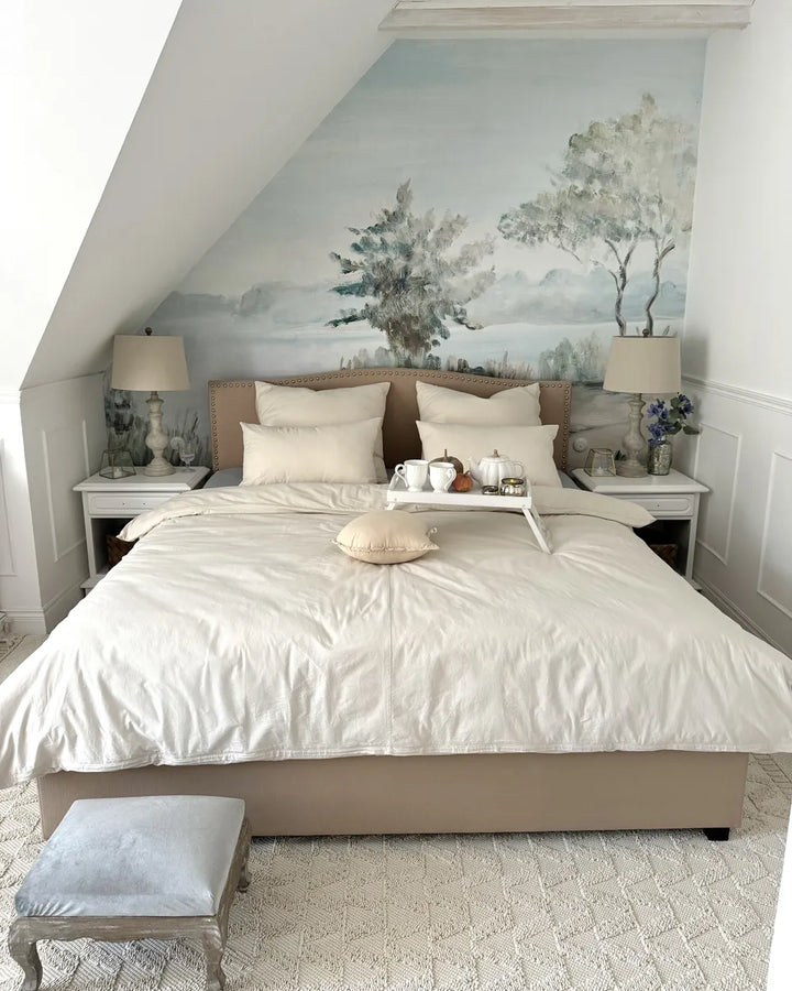 Modern beige storage bed with nailhead trim