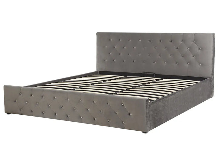 Contemporary storage bed with velvet upholstery and slatted base