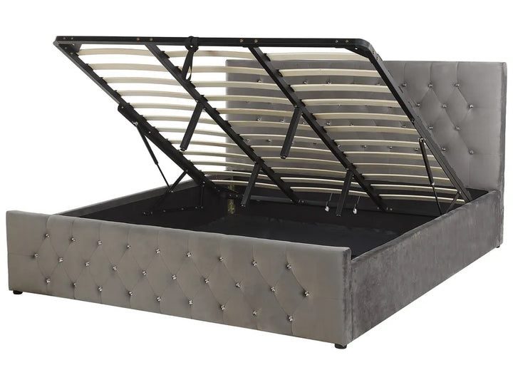 Modern grey ottoman bed with soft velvet finish