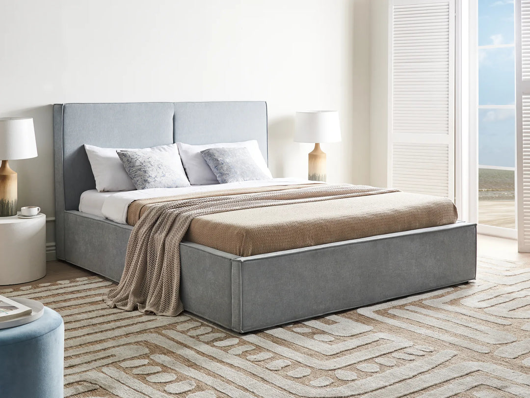 Modern upholstered bed with pine wood legs