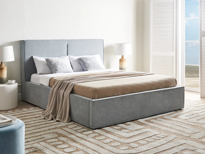 Modern upholstered bed with pine wood legs