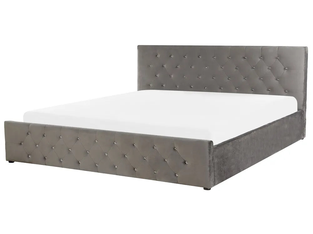 Grey velvet super king ottoman bed with lift-up storage