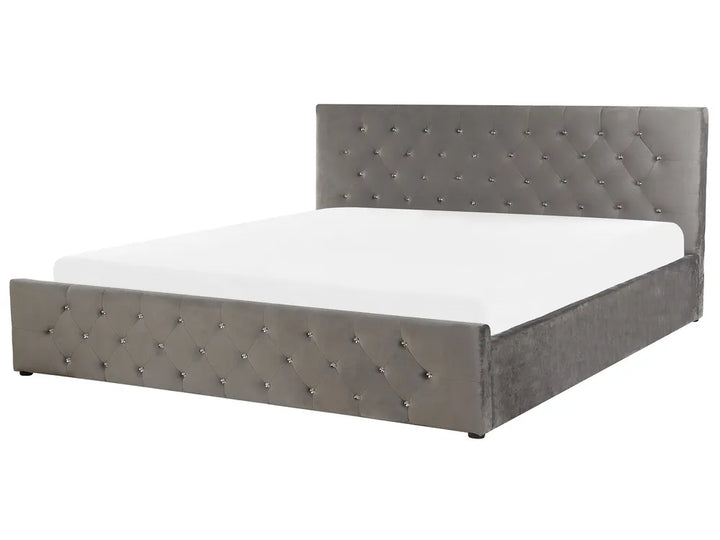 Grey velvet super king ottoman bed with lift-up storage
