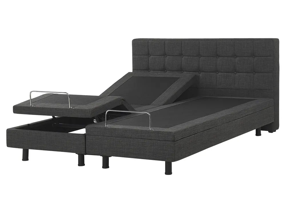 Black adjustable bed with storage drawers on a white background