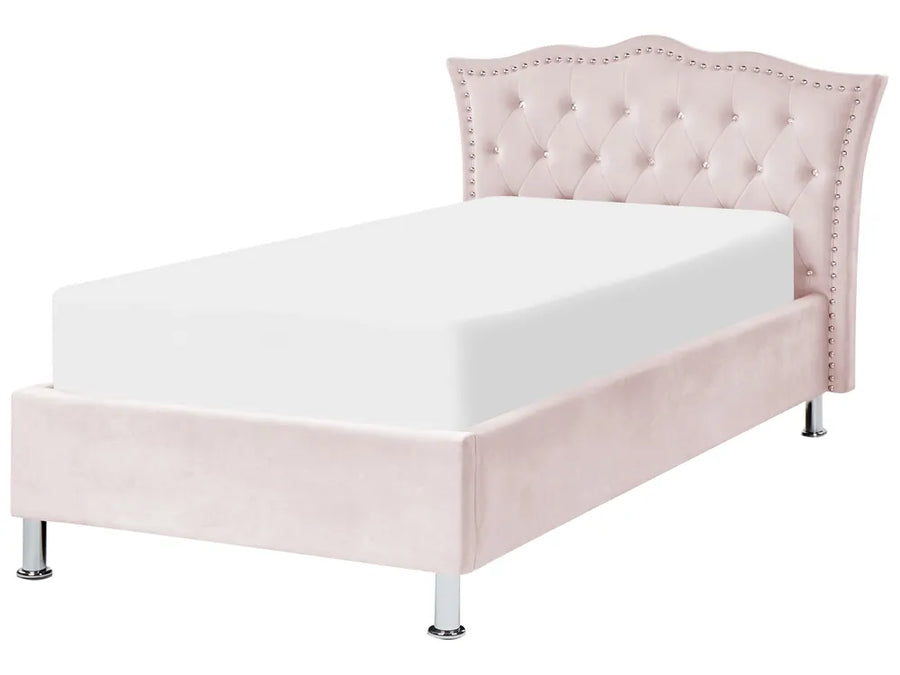 Pastel pink velvet kids ottoman bed with storage