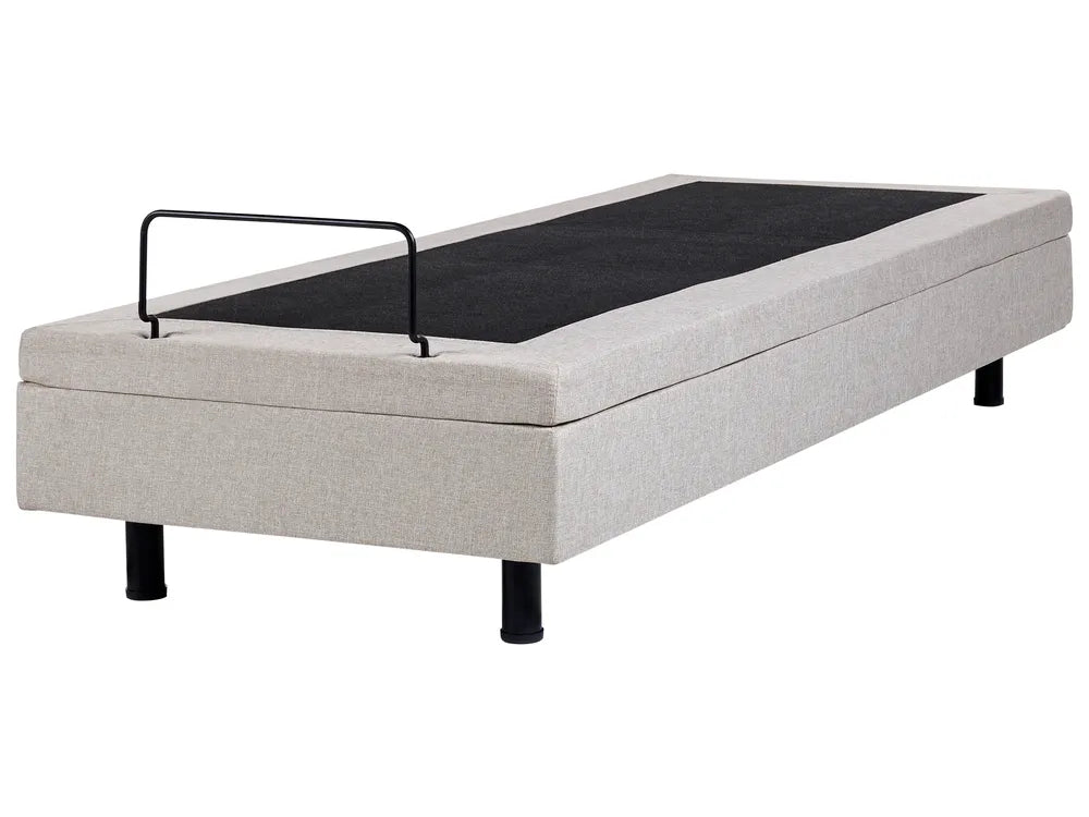 Gray adjustable bed with black mattress on a white background