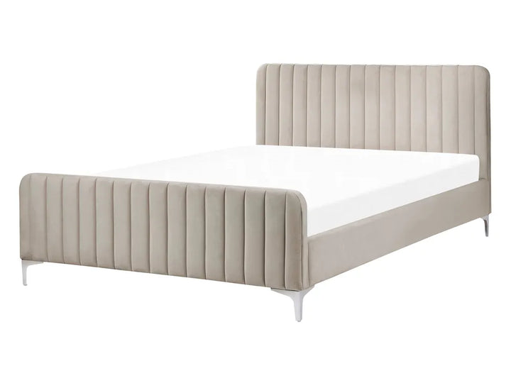 Taupe velvet double bed with tufted headboard