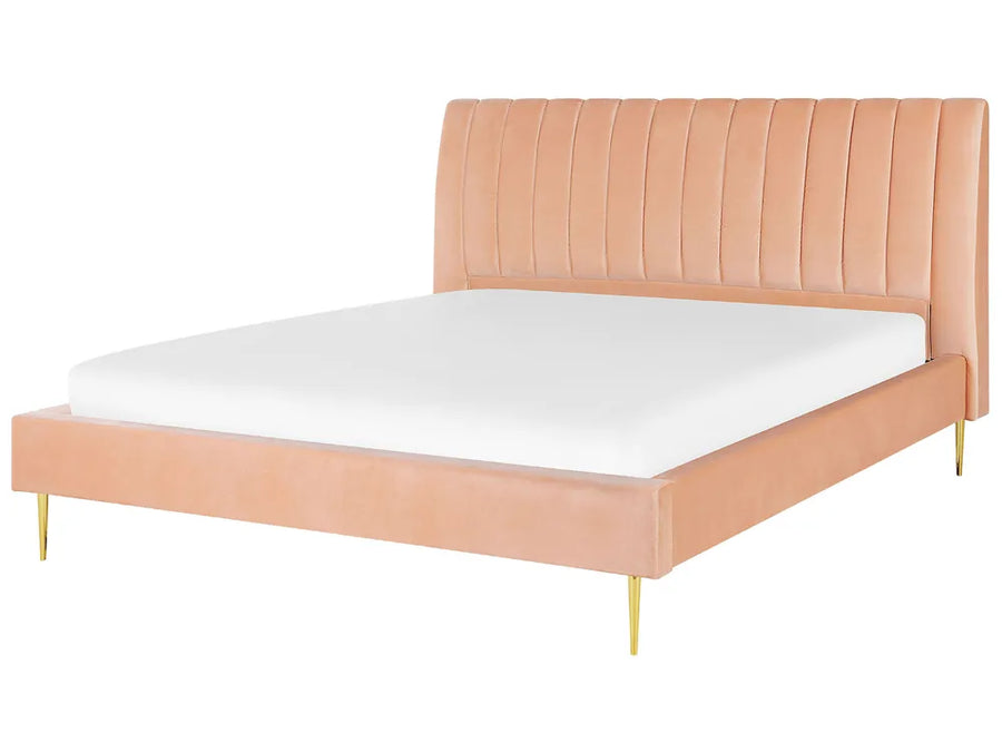Pink bed frame with white mattress on a white background