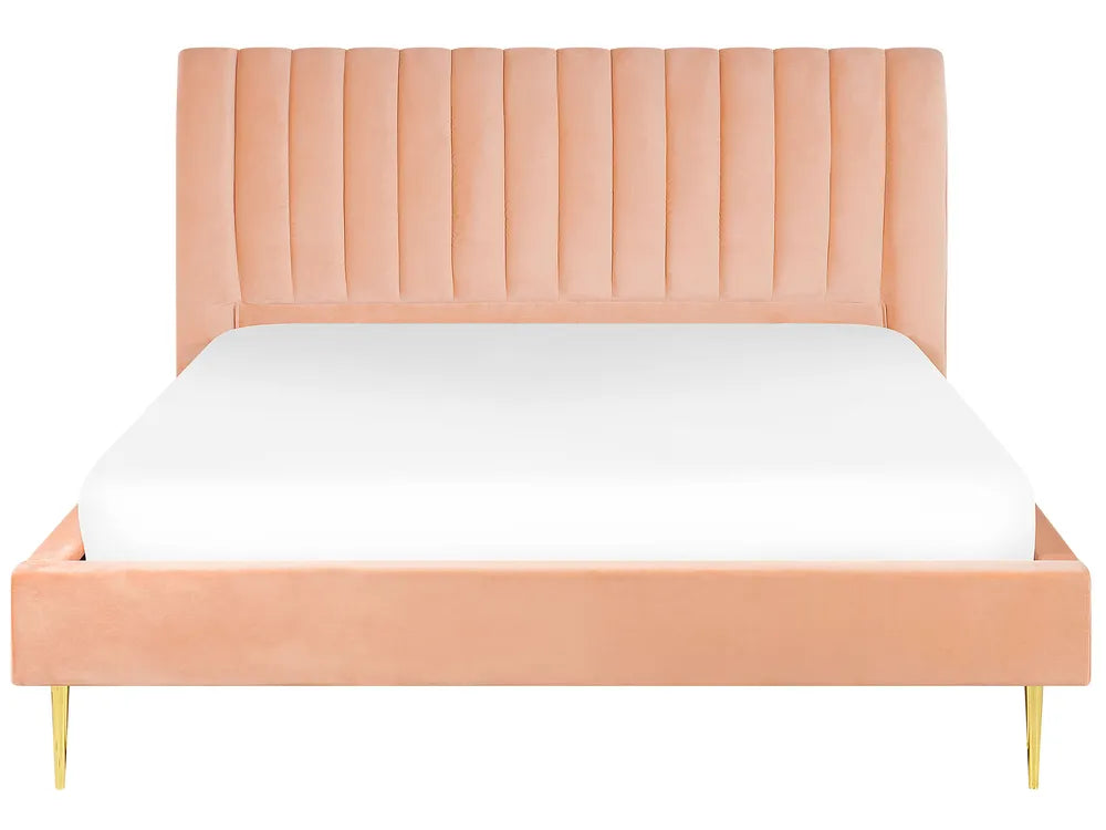 Pink bed frame with white mattress on a white background