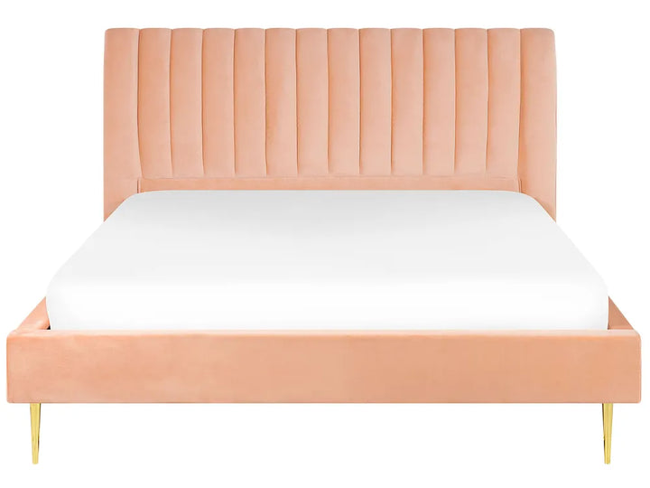 Pink bed frame with white mattress on a white background