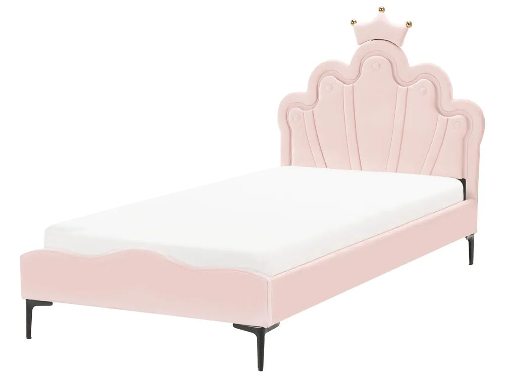 Pink bed with a decorative headboard and white mattress on a white background