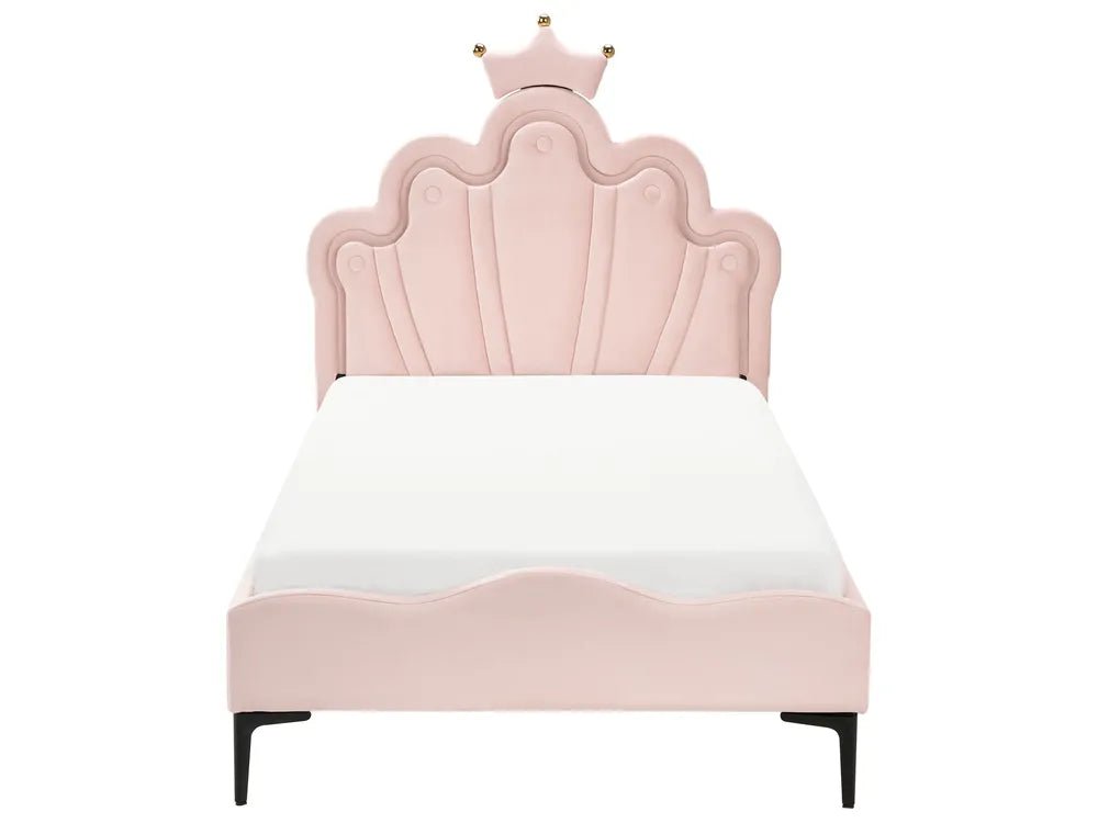 Pink bed with a crown design on a white background