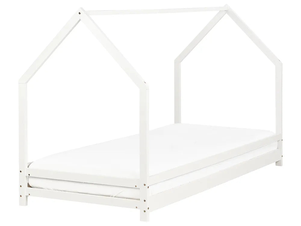 White wooden house-shaped bed frame on a white background