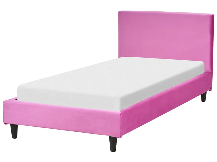 Pink bed frame with white mattress on a white background