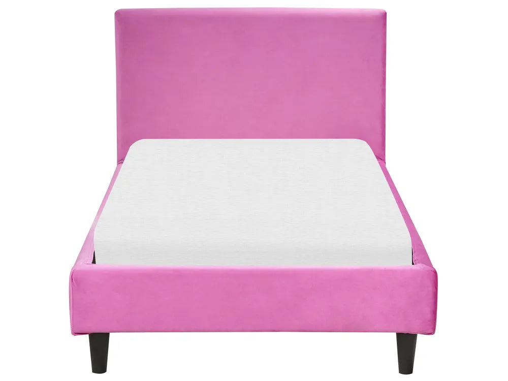Pink bed frame with white mattress on a white background