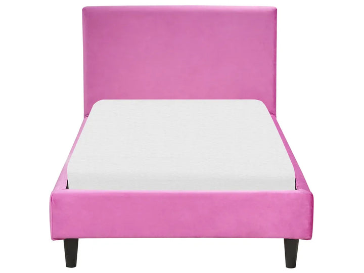 Pink bed frame with white mattress on a white background