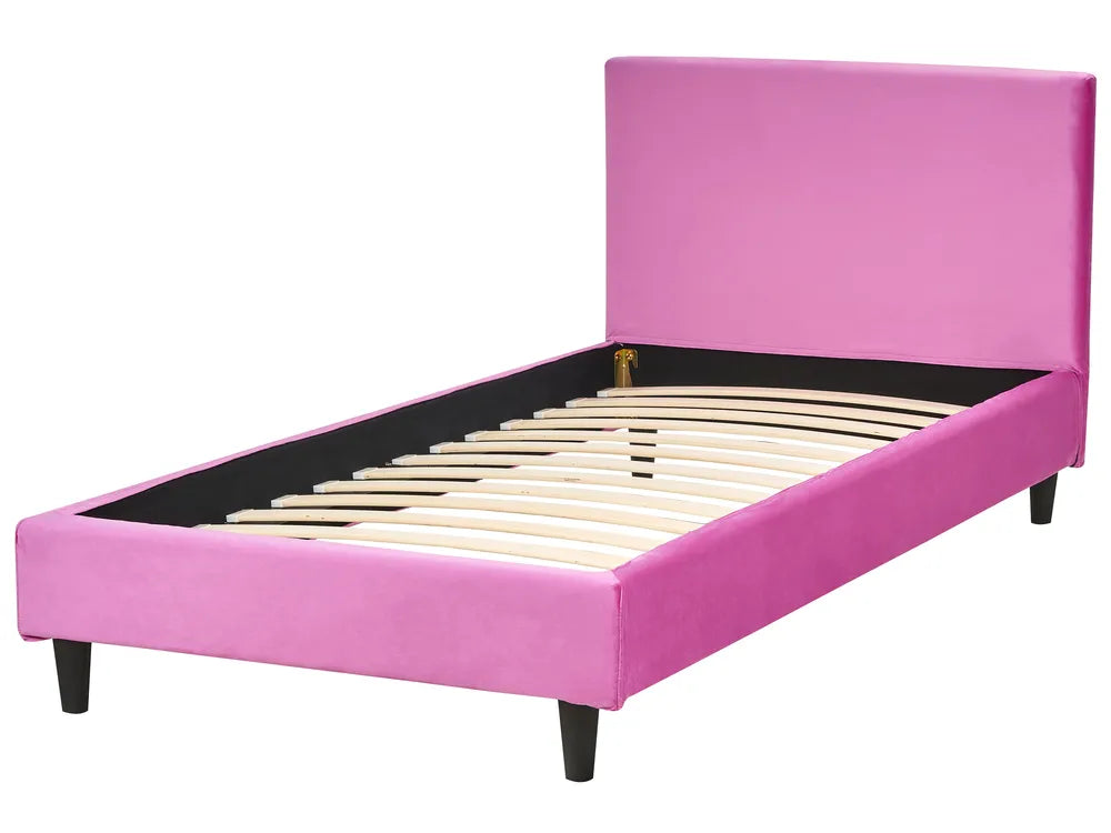 Pink bed frame with wooden slats on a white background