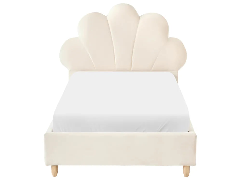 Beige shell-shaped headboard bed with white mattress on a white background