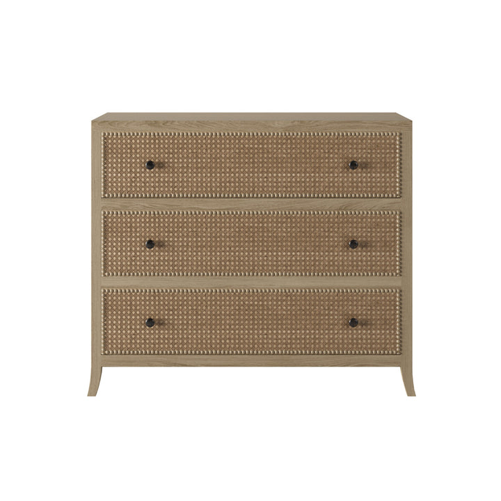 Beige three-drawer dresser with textured surface on a white background