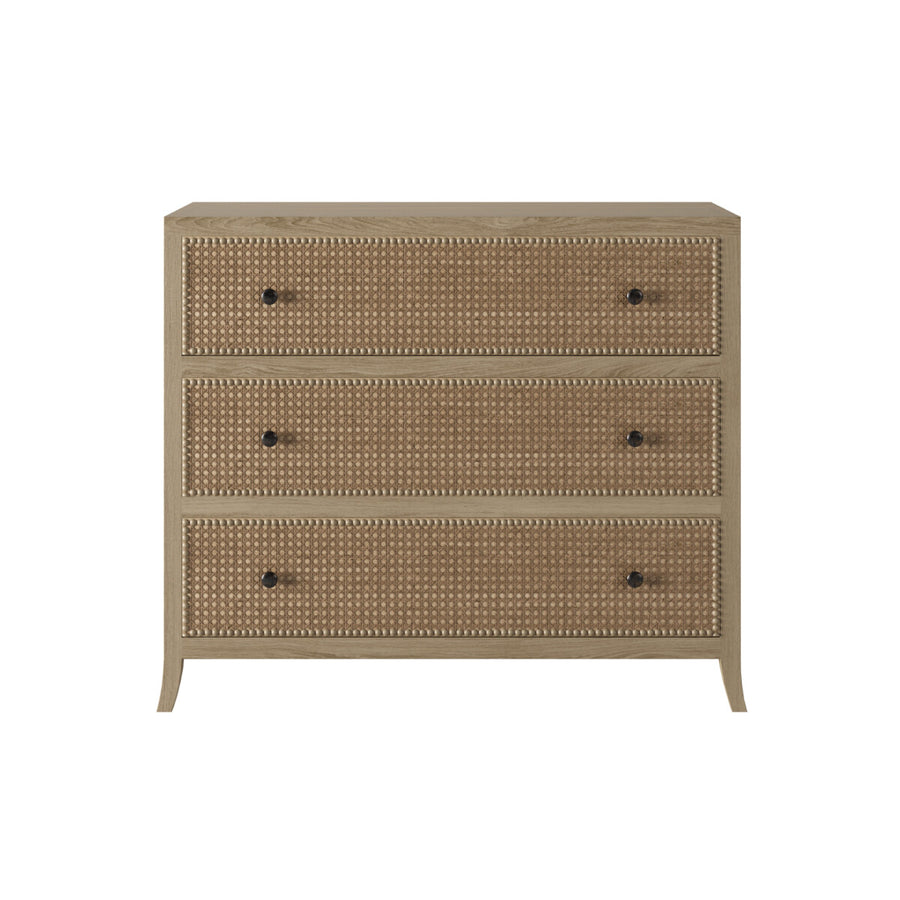 Beige three-drawer dresser with textured surface on a white background
