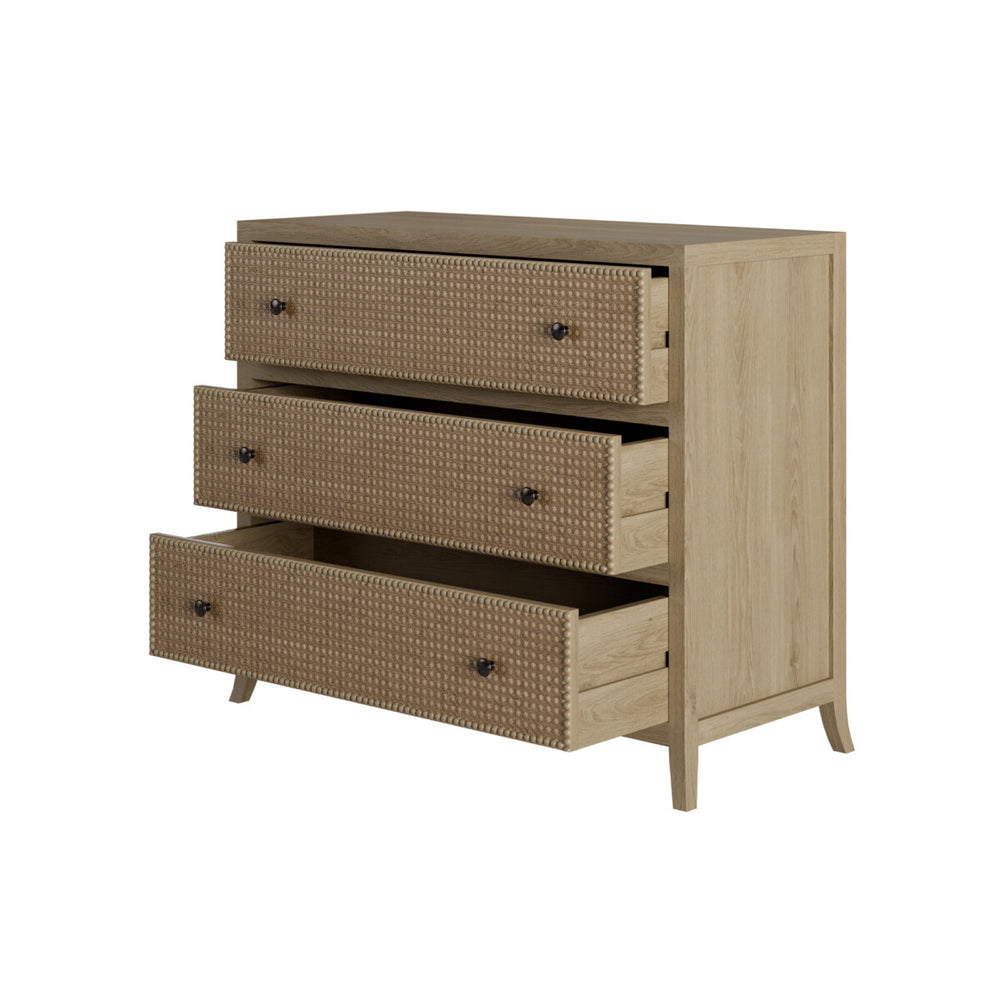 Beige wicker-style dresser with three drawers on a white background