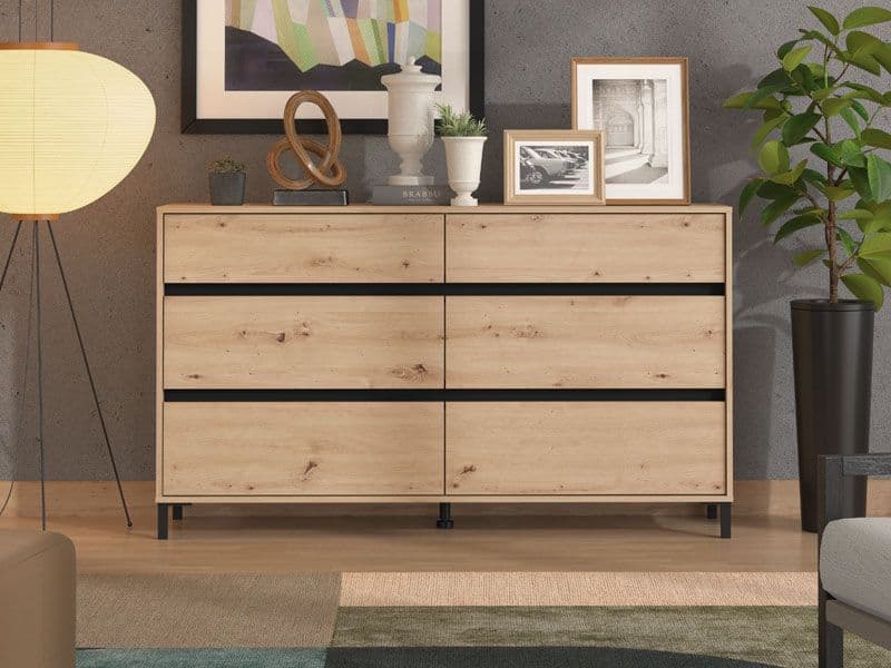 Modern chest of drawers in oak effect finish for bedroom storage