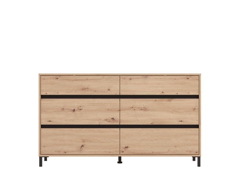 Wooden dresser with black accents on a white background