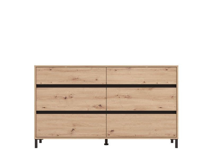 Wooden dresser with black accents on a white background