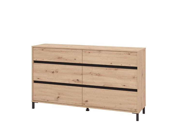Wooden dresser with black accents on a white background