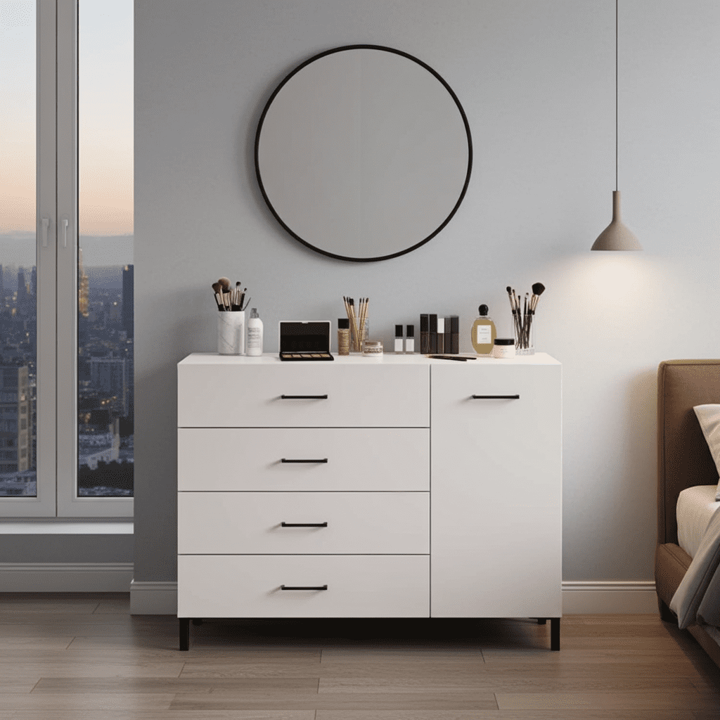 White sideboard with 1 door and 4 drawers storage unit