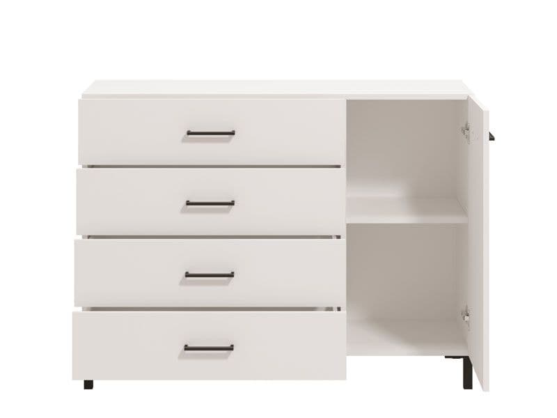White dresser with three drawers and an open door on a white background