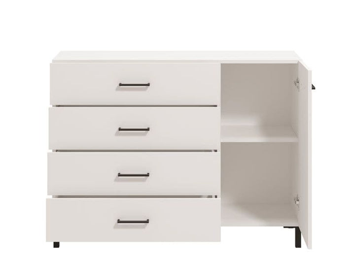 White dresser with three drawers and an open door on a white background