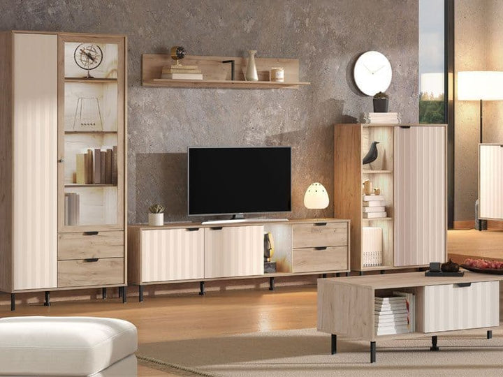 Modern living room with wooden furniture, TV, and decor items.