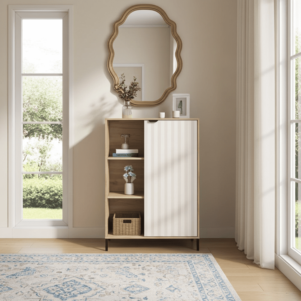 Wooden cabinet with a mirror above it in a bright room with large windows.